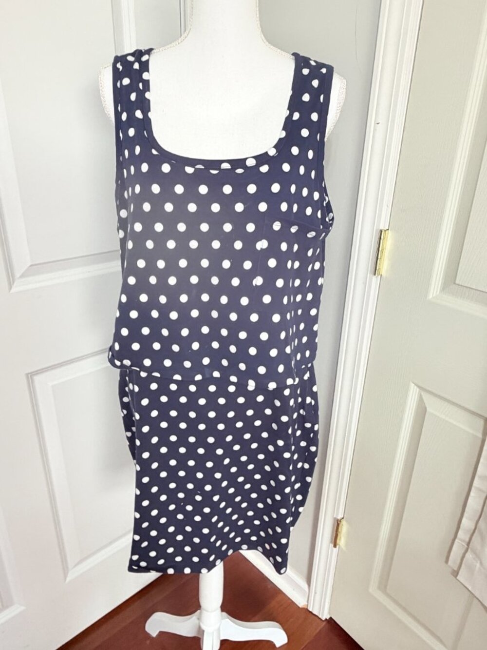 VENUS Navy Blue White Polka Dot Sleeveless Layered Sheath Dress Size Large